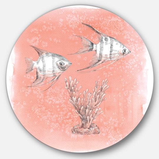 Designart - Coastal Sea Life III fish sketches - Nautical &#x26; Coastal Metal Circle Wall Art